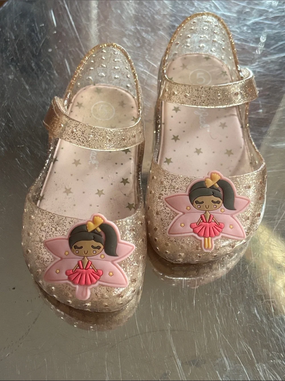 Cat & Jack Glitter Gold Mary Janes with Pink Ballerina Charm